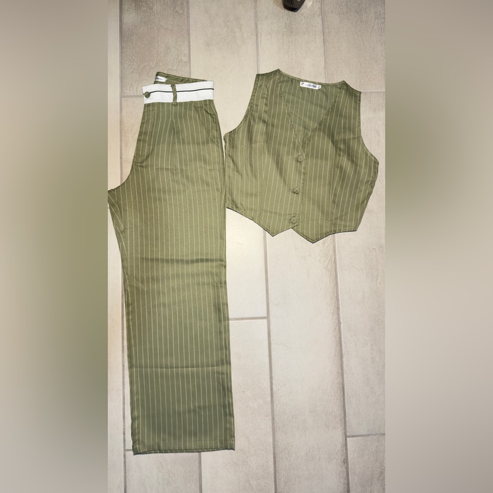 Stylish Olive Green Pinstripe Vest and Pants Set